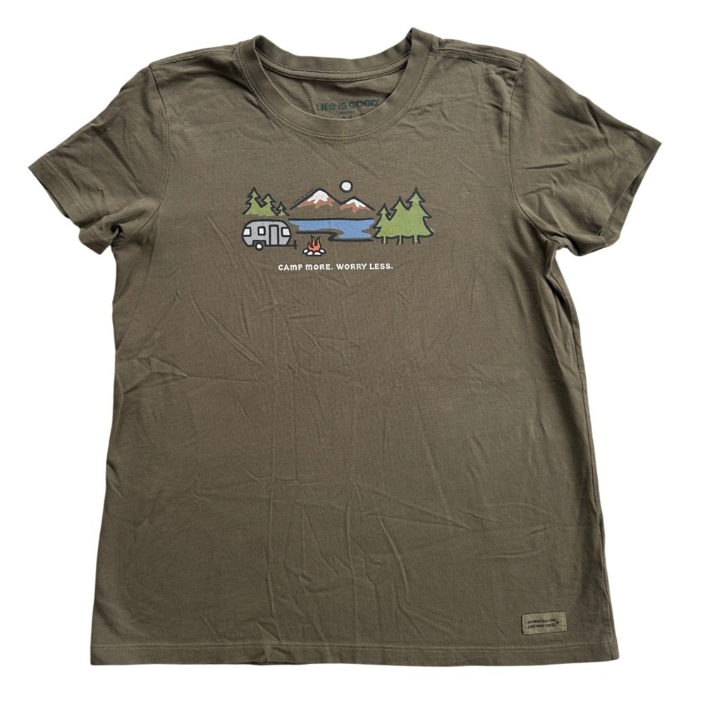 Life is Good Crusher Tee Womens Medium Green Camp More Worry Less Excellent
